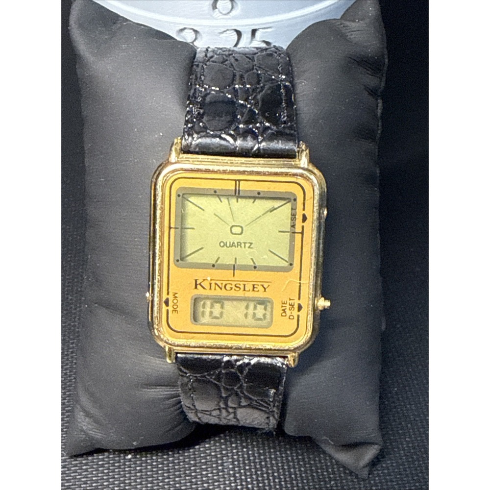Vintage Kingsley Digital LCD Analog Watch Unisex Gold Tone Rectangle New Battery
